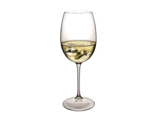 A wine glass containing white wine and four silver wine pearls, featuring a sleek design.