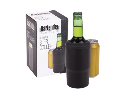 A stainless steel beer cooler in black, holding a green glass bottle next to a yellow can, with a box in the background.