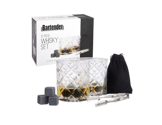 A whisky set featuring two crystal glasses, whisky stones, and tongs, presented in a black box.