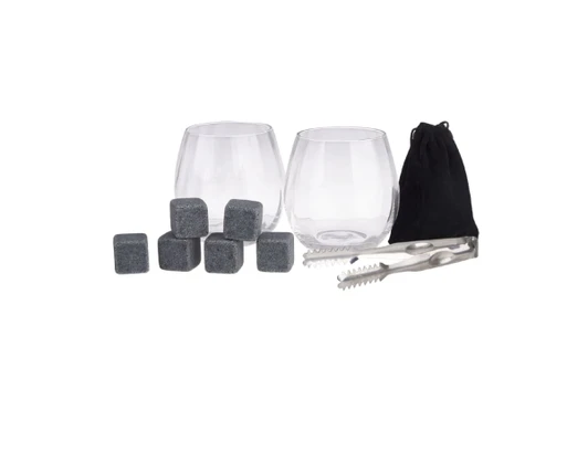 A gin set featuring two clear glasses, six grey cooling stones, tongs, and a black storage pouch.