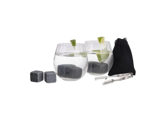 A drink set featuring two clear glasses with drinks, grey ice cubes, tongs, and a black storage pouch.