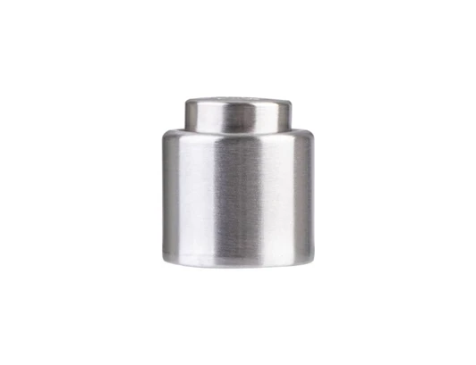 A drink bottle champagne stopper in polished stainless steel with a sleek, cylindrical design and a branding logo.