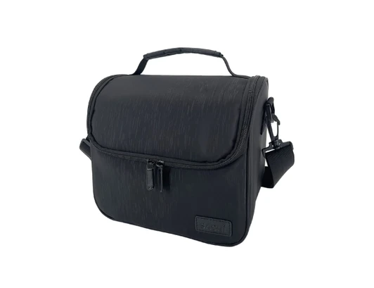 A black insulated lunch bag with a zip closure, handle, shoulder strap, and a logo on the front.