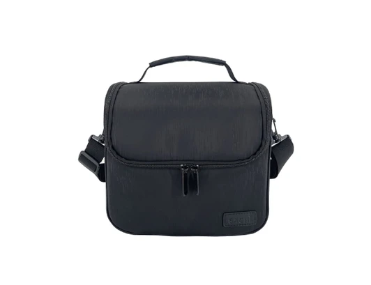 A black insulated lunch bag with a zip closure and a handle, featuring a detachable shoulder strap and a logo.