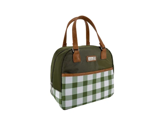 An insulated lunch bag in green and white plaid, featuring brown accents and handles, with a logo on the front.
