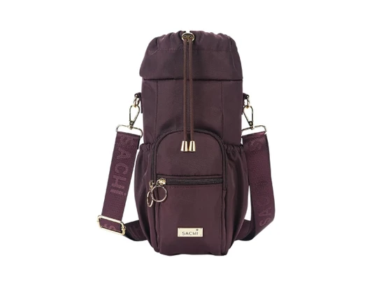 A drink bottle bag in dark purple, featuring a zippered pocket, adjustable strap, and a brand logo.