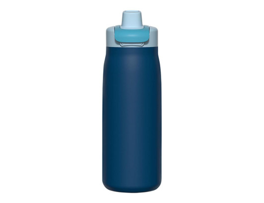A drink bottle in dark navy with a light blue flip-top lid. It features a logo on the side.