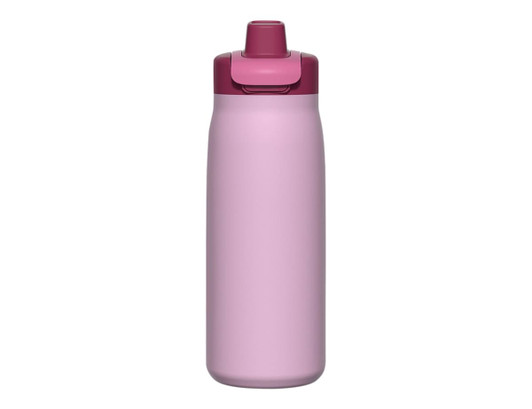 A drink bottle in pastel pink with a dark pink flip-top lid and a branding logo.