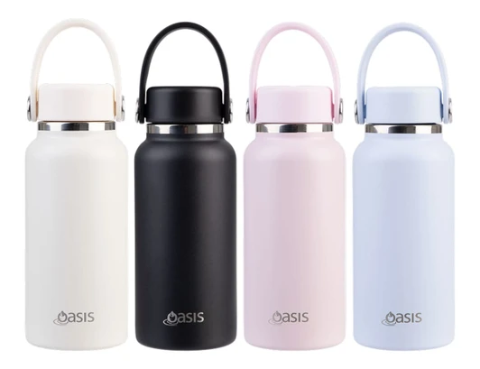 A drink bottle assortment featuring white, black, pink, and blue colours, each with a handle and a logo.