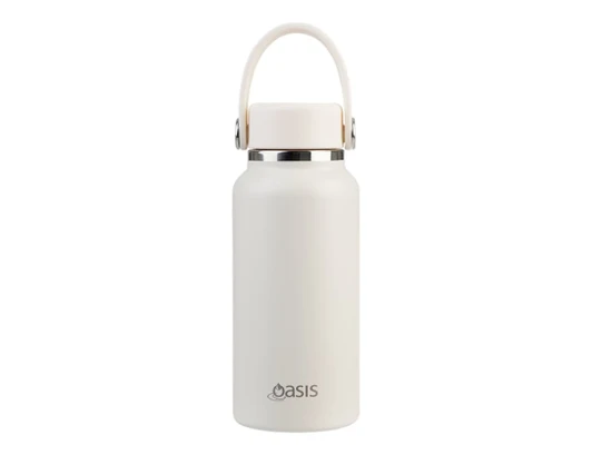 A drink bottle in white with a stainless steel lid and a handle, featuring a logo. Capacity of 300ml.