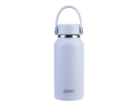 A drink bottle in pastel blue, featuring a carrying handle and a logo on the front.