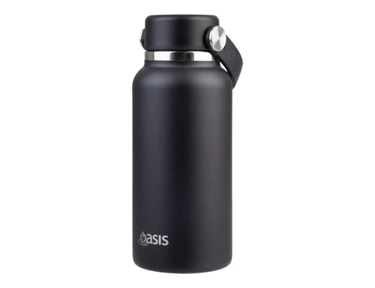 A drink bottle with a matte black finish, featuring a metal clip and an engraved logo.