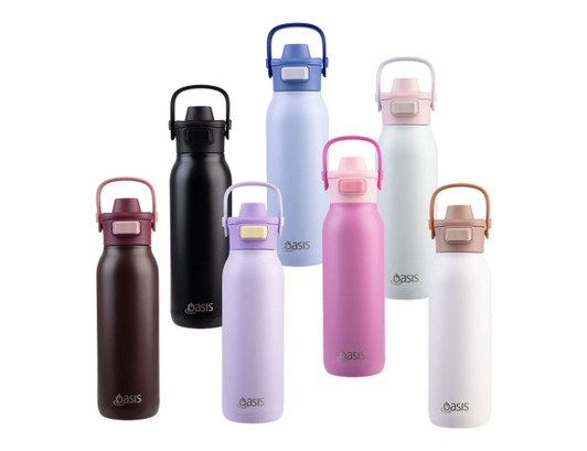 A drink bottle collection featuring various colours: black, brown, pink, white, light blue, and dark blue, with dual spouts and branding.