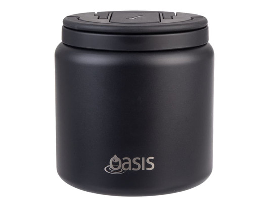 A black food flask with a quick release lid and spork, featuring a logo on the front.