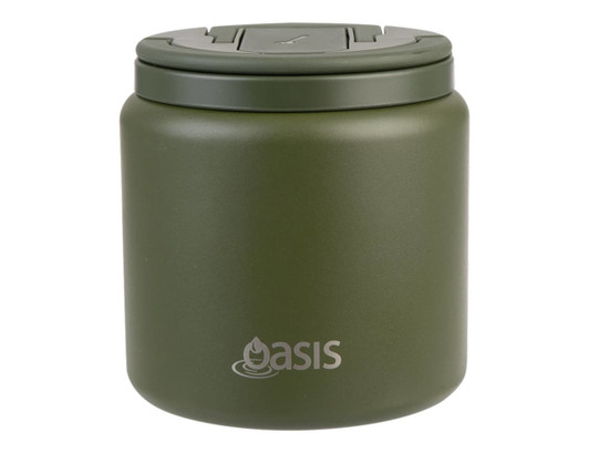 A drink bottle features a green insulated body, quick release lid, and spork, designed for keeping beverages warm or cold.