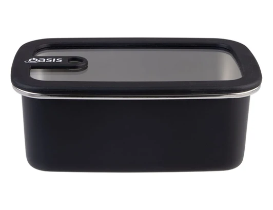 A rectangular black stainless steel container with a clear lid and a logo. Capacity of 1.1L.
