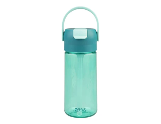 A drink bottle featuring a teal lid and a transparent mint green body, with a handle and a logo.