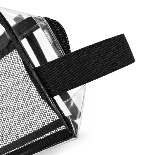 A clear cosmetic bag with a black mesh detail and a black strap. It features a zip closure.