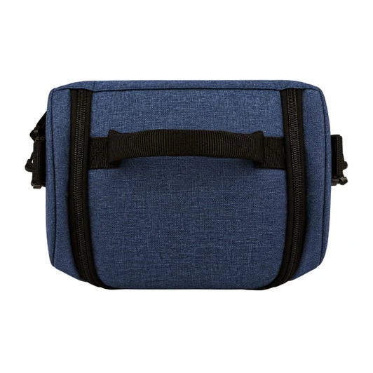 A cooler bag in a blue textured fabric with a black handle and zippers, featuring a logo on the front.