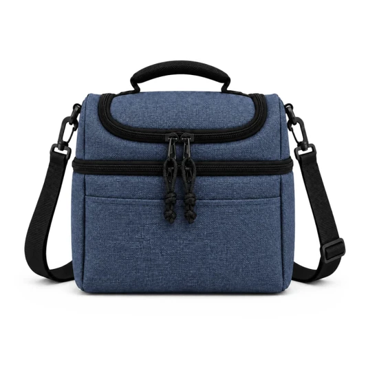 A blue cooler bag with a zippered top, carrying handle, and adjustable shoulder strap. It features a front pocket and branding.