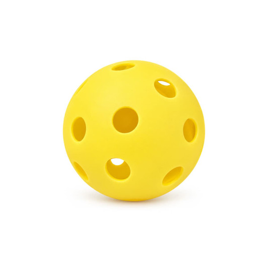 A bright yellow pickleball with holes, designed for the game of pickleball.
