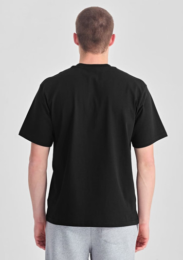 A black box tee featuring short sleeves, viewed from the back, with a simple design and a logo present.