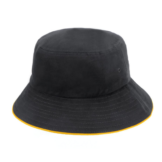 A black bucket hat with a yellow highlight along the brim and a small logo detail.
