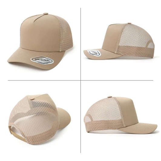 A beige A-Frame seamless mesh cap with a curved brim and a branded logo on the front.