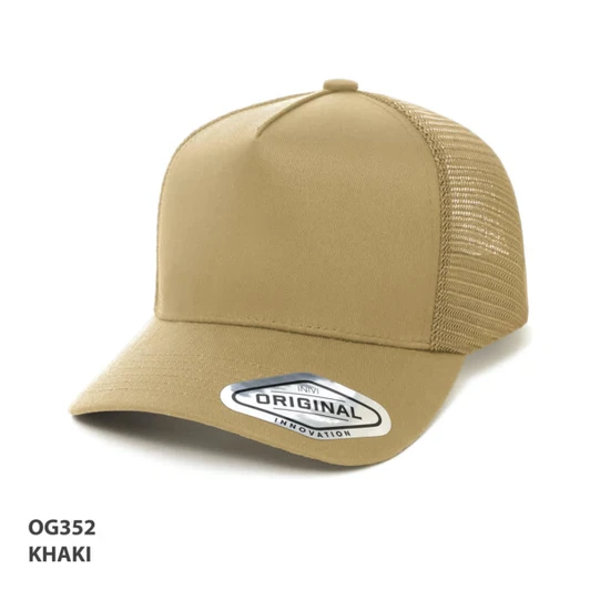 A khaki A-Frame Seamless Mesh Cap featuring a structured front panel and a branded logo on the side.
