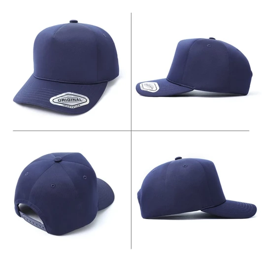 A navy blue Seam-Free Tech A-Frame Cap featuring a branded logo and a structured design with a curved brim.