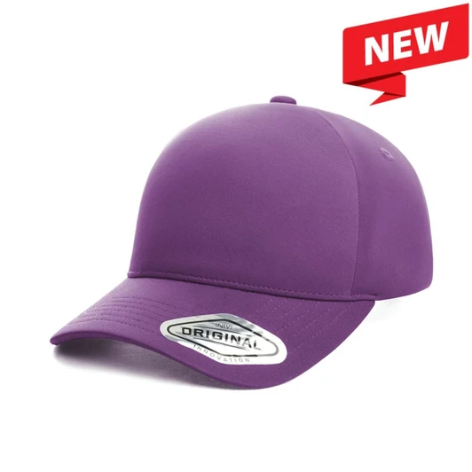 A purple seam-free tech cap featuring a curved brim and a logo on the side.