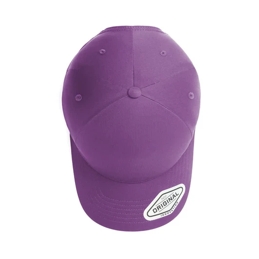 A purple seam-free tech cap with a branded logo on the side and a rounded crown.