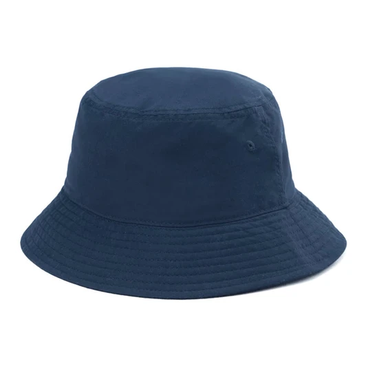 A navy blue bucket hat with a wide brim and a simple design, featuring a logo.