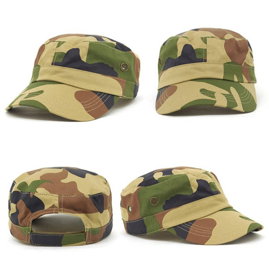 A camo military design cap featuring a blend of greens, browns, and beiges, with a logo on the side.