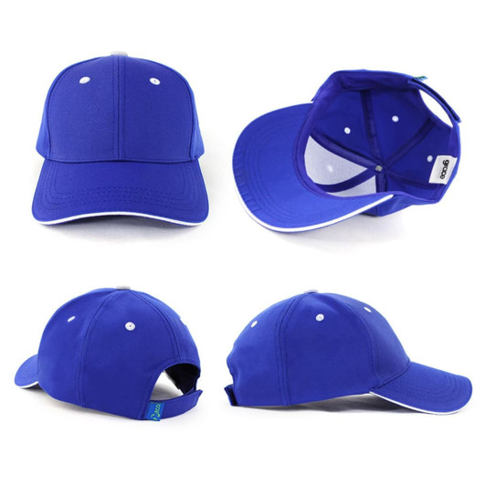 A blue PET/Cotton sandwich cap with contrasting trim, featuring a logo and a secure adjustable strap at the back.