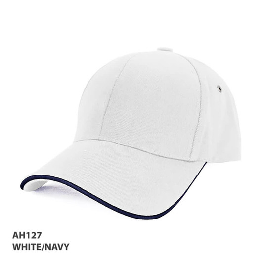 An organic cotton sandwich cap in white with navy trim and a logo on the side.