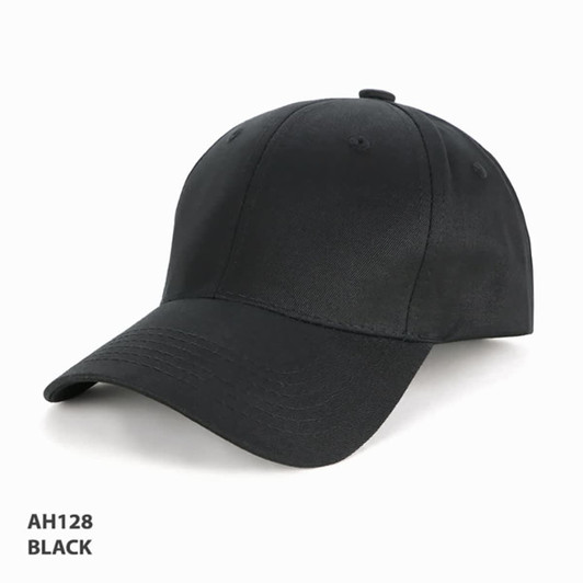 A black organic cotton cap with a curved peak and an adjustable strap. It features a logo on the side.