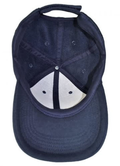 A navy blue cap featuring a structured design and a button at the top, with an inner lining visible.