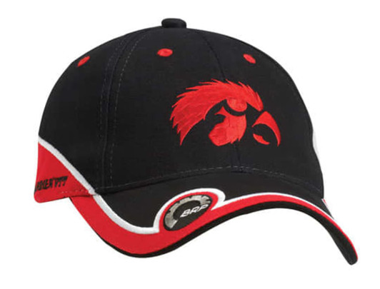 A black and red cap featuring a logo, with stitching details and a curved brim.