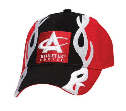 A red and black cap featuring a logo and flame designs on the front.