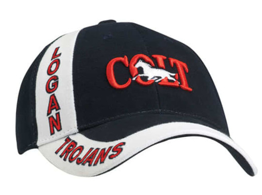 A navy cap with a white peak, featuring a logo and embroidered text in red and white.