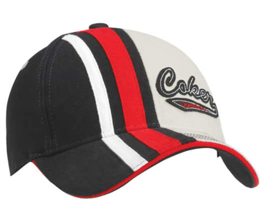 A cap featuring a black, red, and grey design with an embroidered logo.