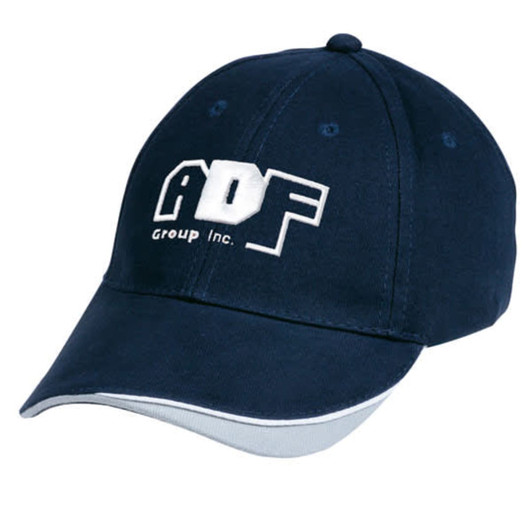 A navy cap with a white logo, featuring a curved peak and contrast stitching.