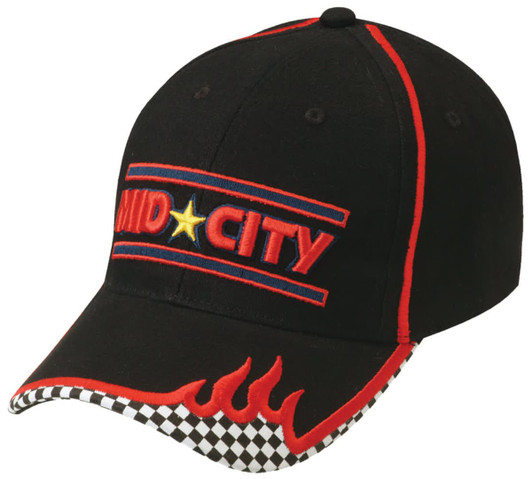 A black cap featuring red accents and a checkered pattern on the brim, with a logo on the front.