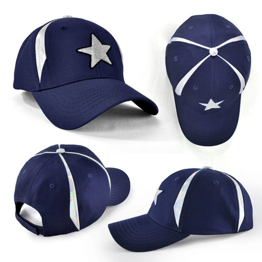 A navy cap featuring silver star embellishments and contrasting white stripes, showcasing multiple angles of the design.