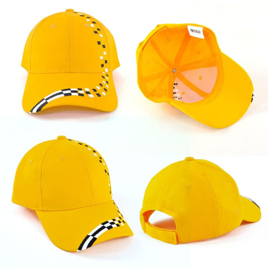 A yellow cap featuring a checkered pattern along the side and a logo. It has a curved brim and adjustable back.