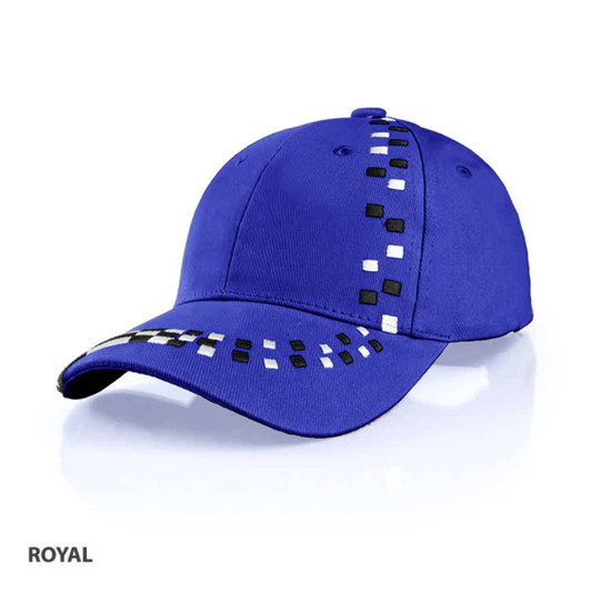 A blue cap featuring a decorative design in black and white, with a logo on the front.