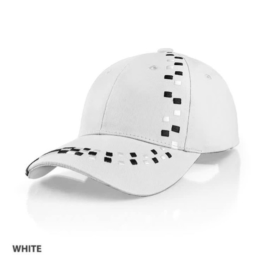 A white cap featuring black patterned details and a branded logo.