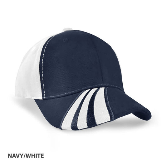 A navy and white cap featuring stripes and a branded logo on the front.