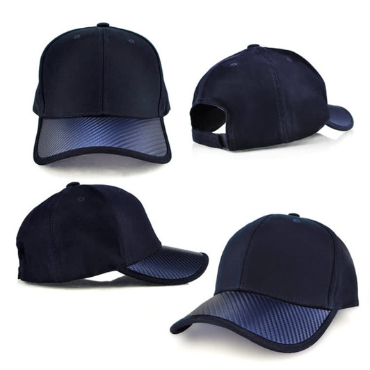A dark navy cap featuring a textured carbon fibre-style peak and a rear opening. The cap has a simple logo.